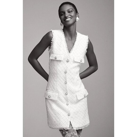 Anthropologie BHLDN Ella V-Neck Pearl Tweed Mini Dress in White Size Medium - Picture 13 of 15